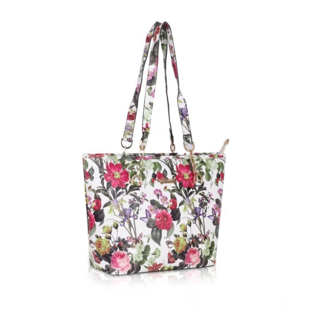 Women Faux Leather Printed Tote Bag (White Pink)