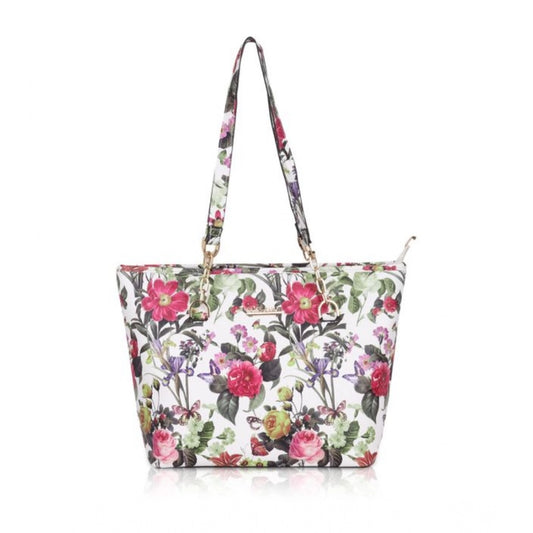 Women Faux Leather Printed Tote Bag (White Pink)