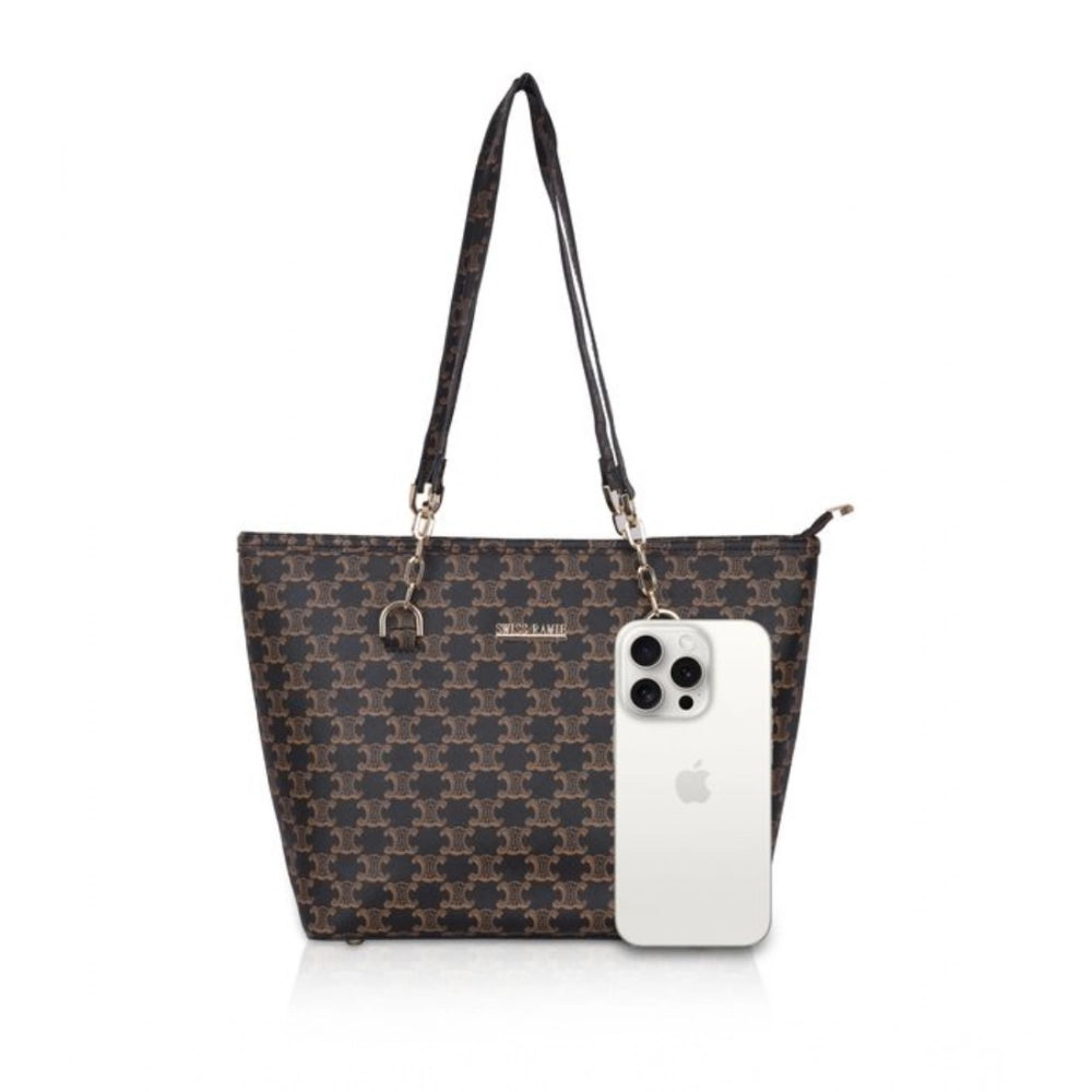 Women Faux Leather Printed Tote Bag (Brown)