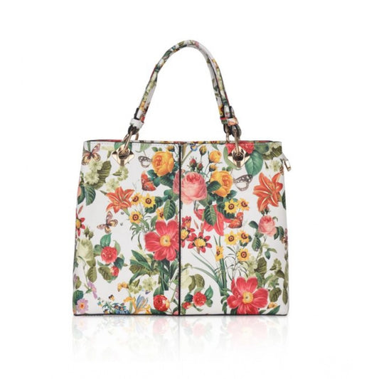 Women Faux Leather Printed Handheld Bag (White Orang)