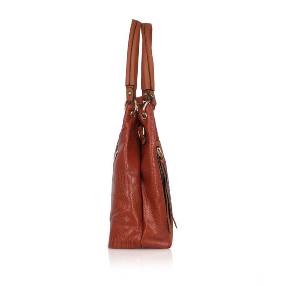 Women Faux Leather Textured Tote Bag (Brown)