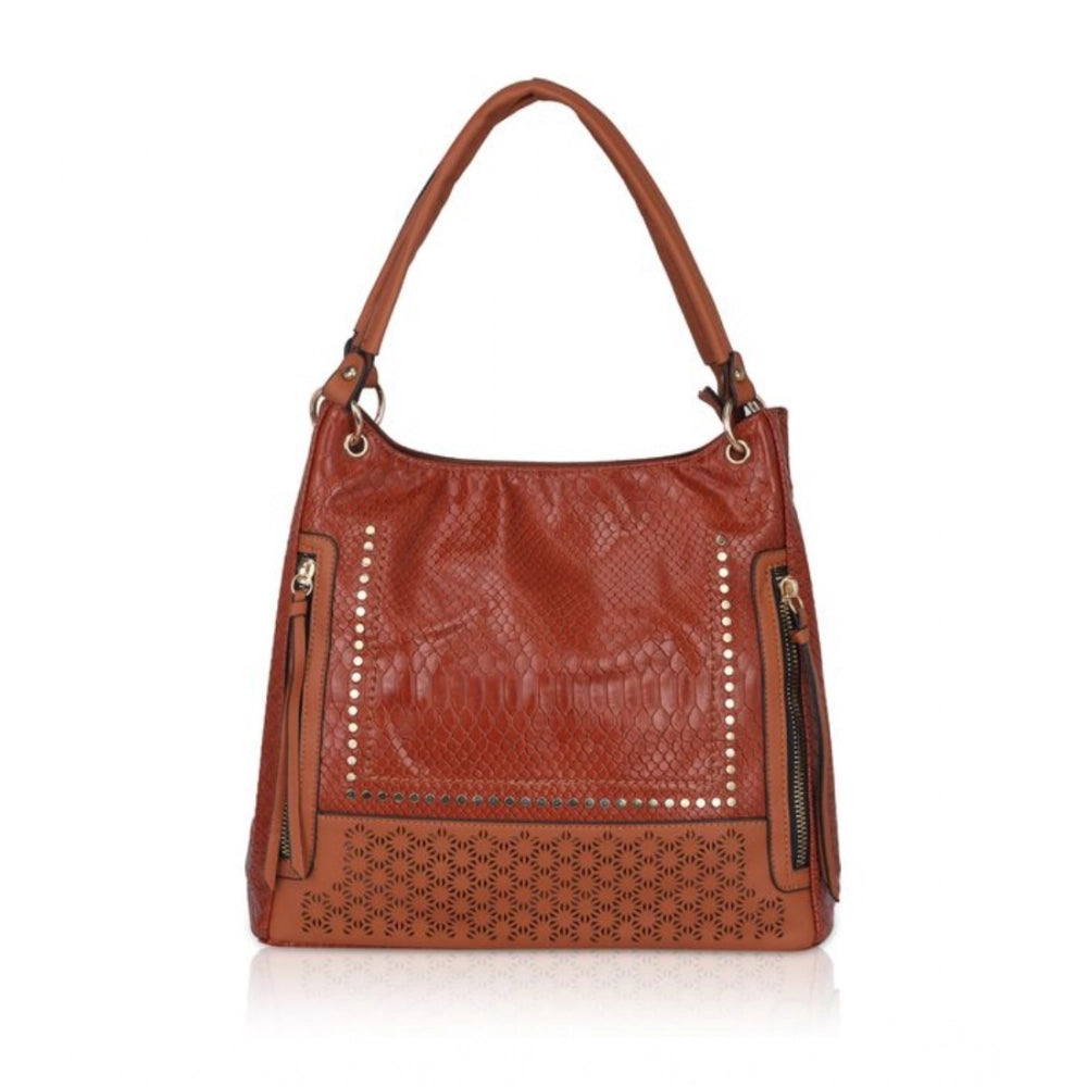 Women Faux Leather Textured Tote Bag (Brown)