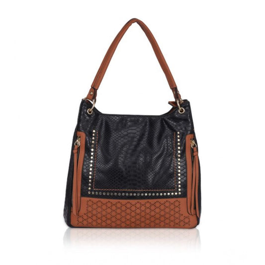 Women Faux Leather Textured Tote Bag (Black)
