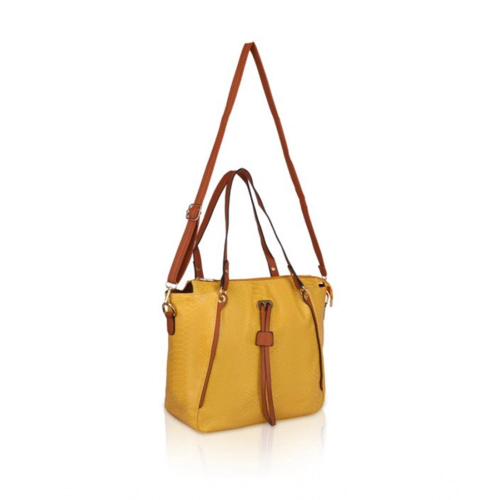 Women Faux Leather Textured Tote Bag (Yellow)
