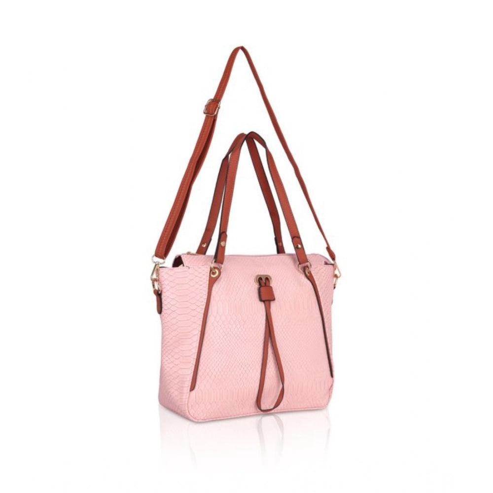 Women Faux Leather Textured Tote Bag (Pink)