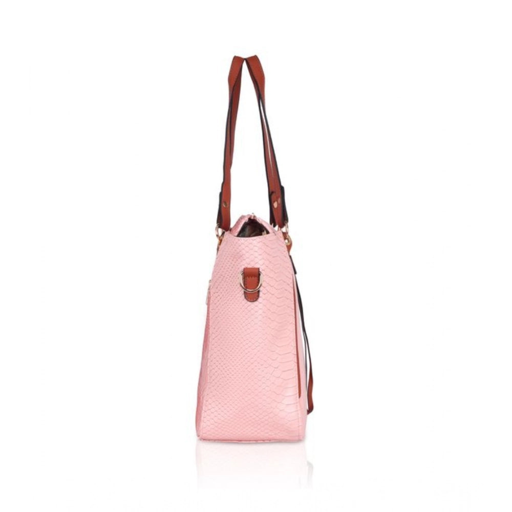 Women Faux Leather Textured Tote Bag (Pink)