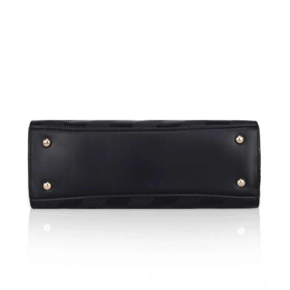 Women Faux Leather Textured Adjustable Long Belt Handbag (Black)