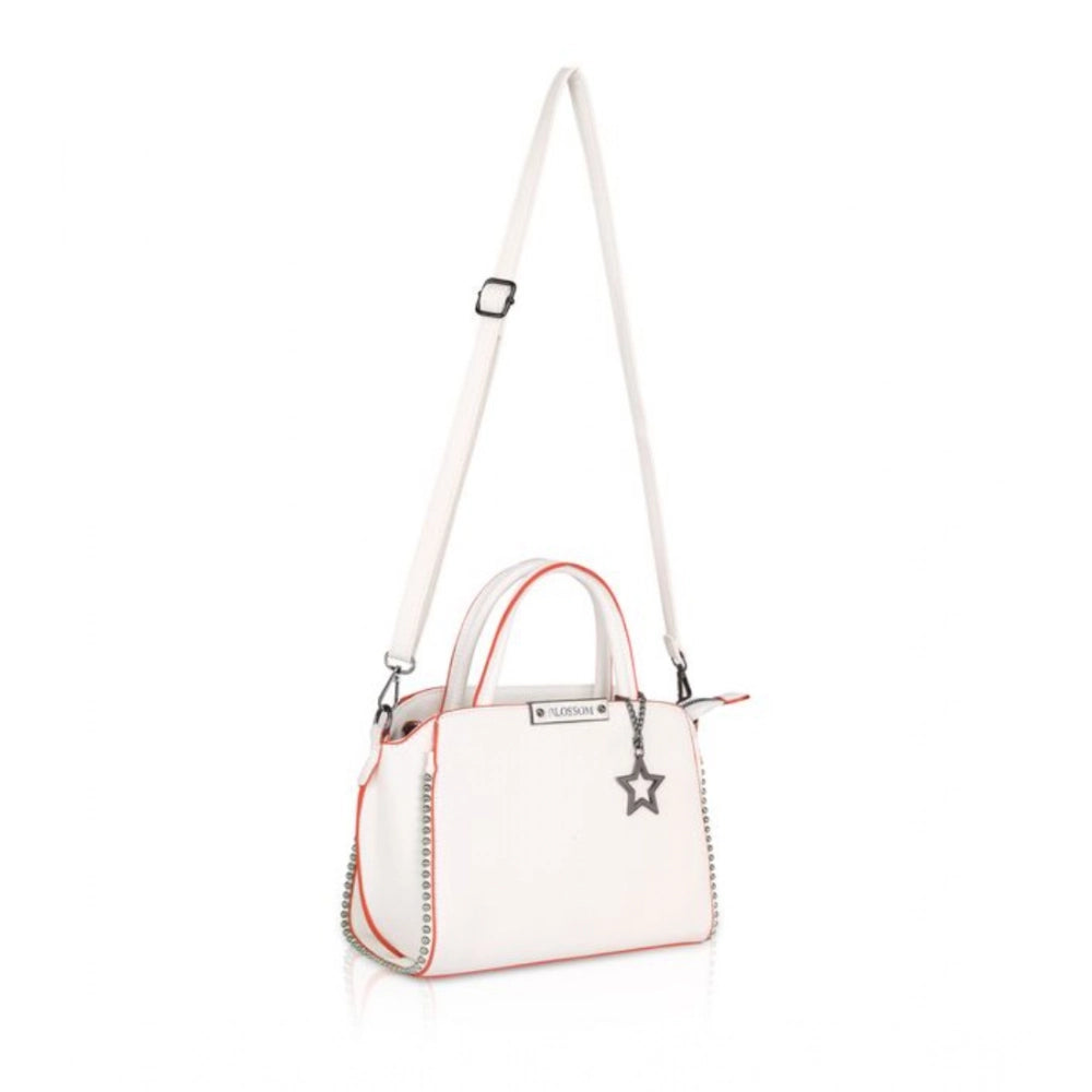 Women Faux Leather Metal Beads Handbag (White)