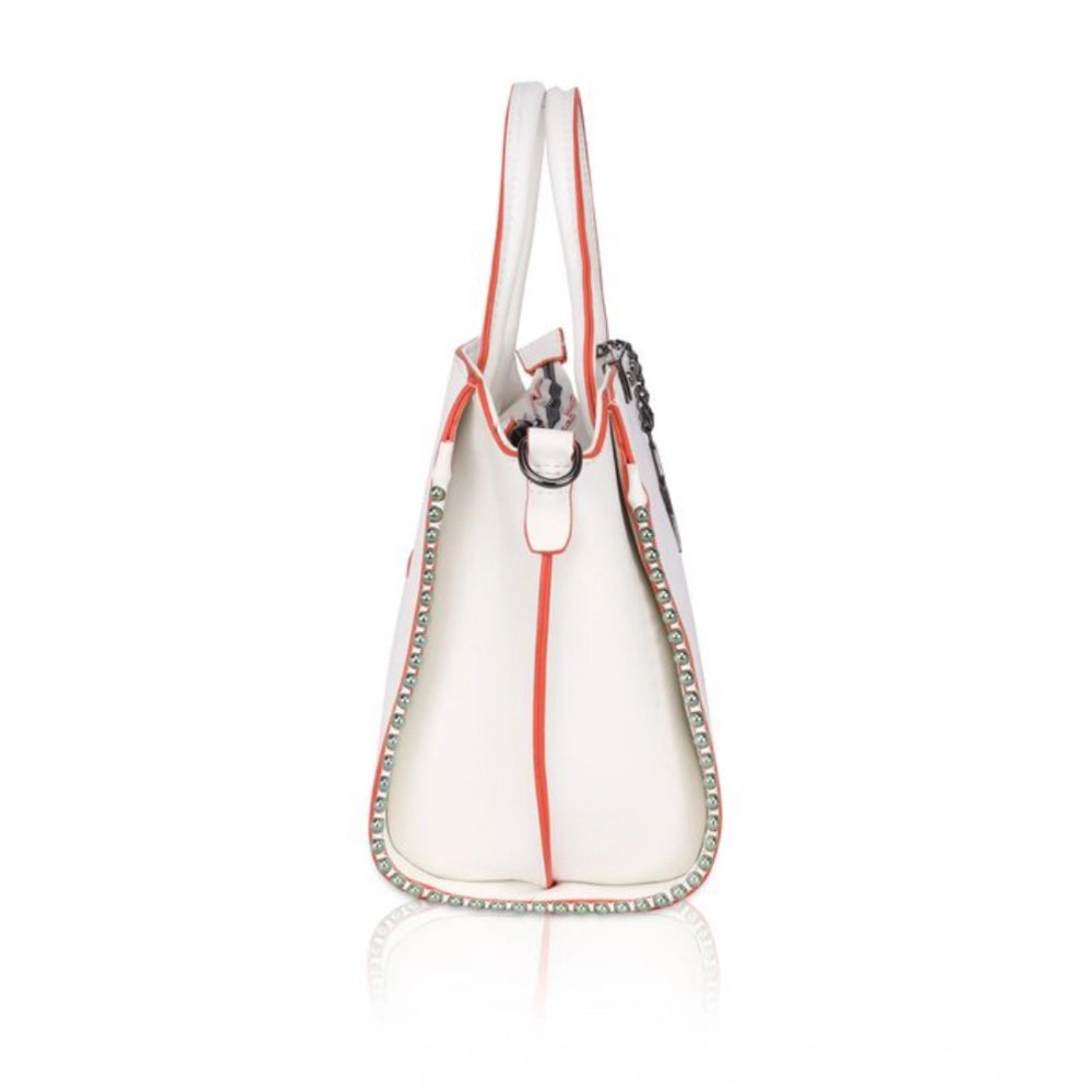 Women Faux Leather Metal Beads Handbag (White)