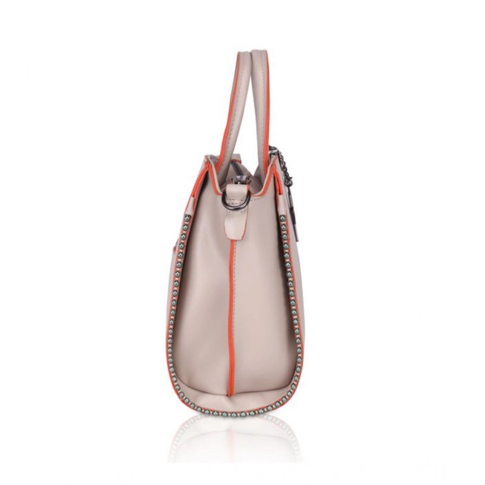 Women Faux Leather Metal Beads Handbag (Khaki)