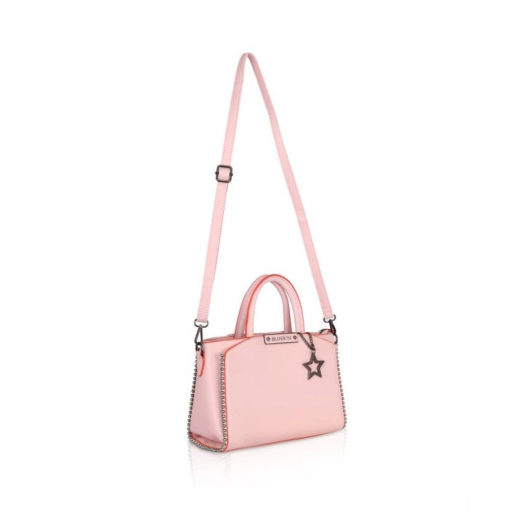Women Faux Leather Metal Beads Handbag (Pink)