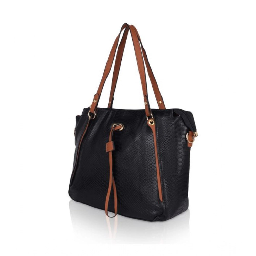 Women Faux Leather Textured Tote Bag (Black)