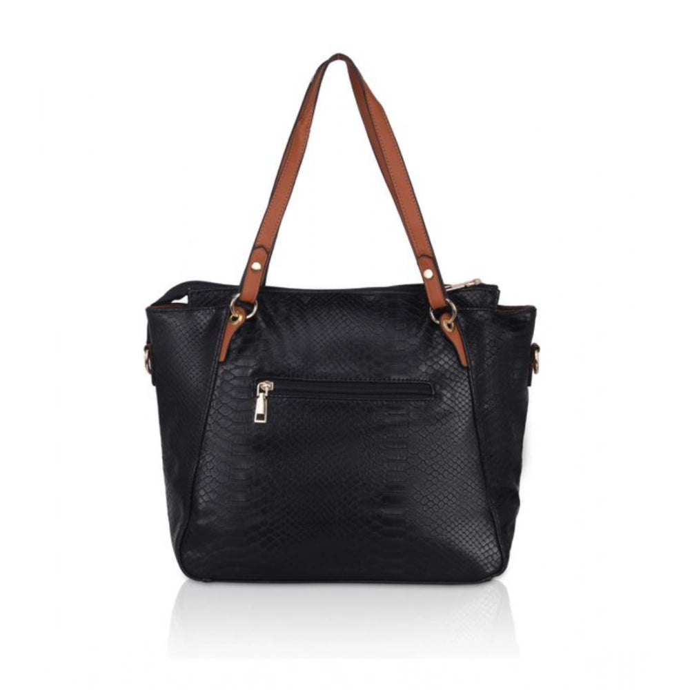 Women Faux Leather Textured Tote Bag (Black)