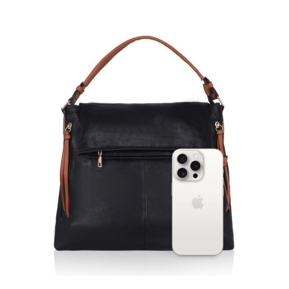 Women Faux Leather Solid Sling Bag (Black)