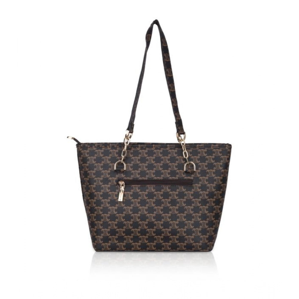 Women Faux Leather Printed Tote Bag (Brown)