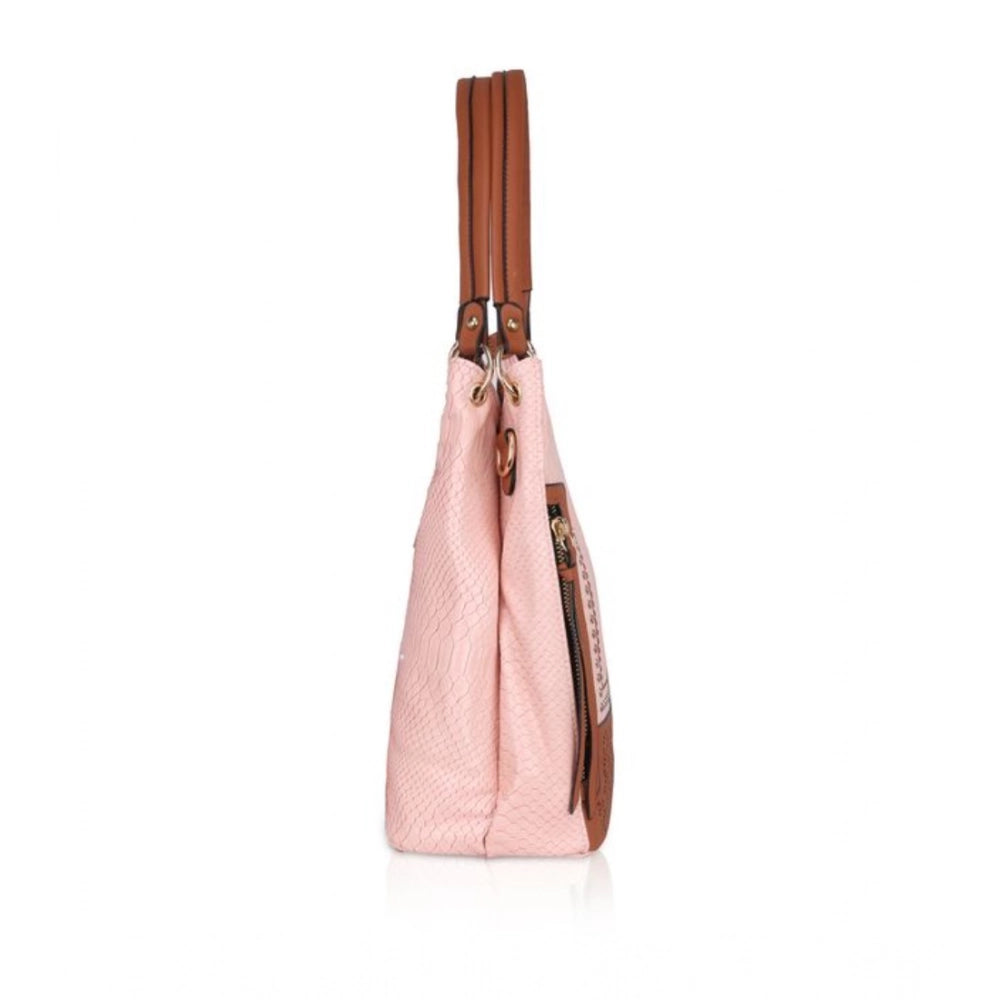Women Faux Leather Printed Tote Bag (Pink)