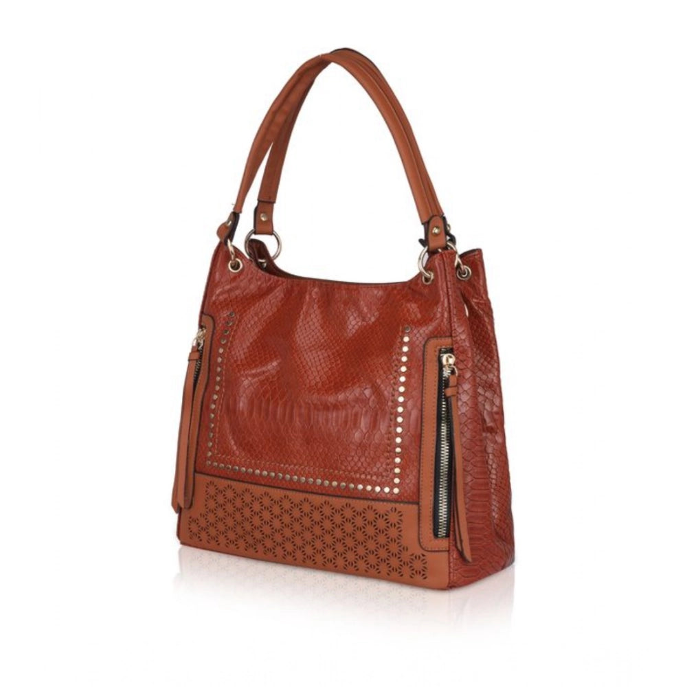 Women Faux Leather Textured Tote Bag (Brown)