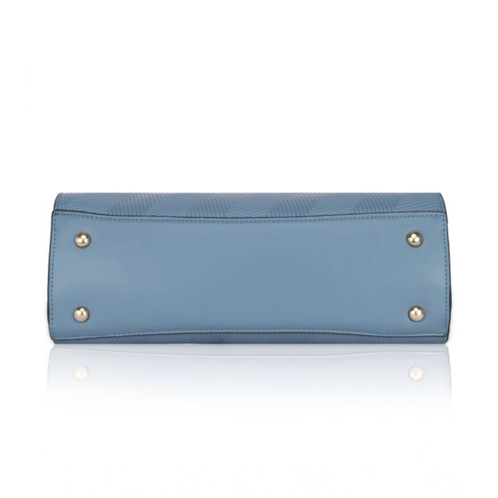 Women Faux Leather Textured Adjustable Long Belt Handbag (Blue)