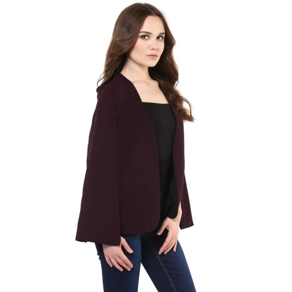 Women Polyester Solid Cape Sleeve Blazer (Wine)