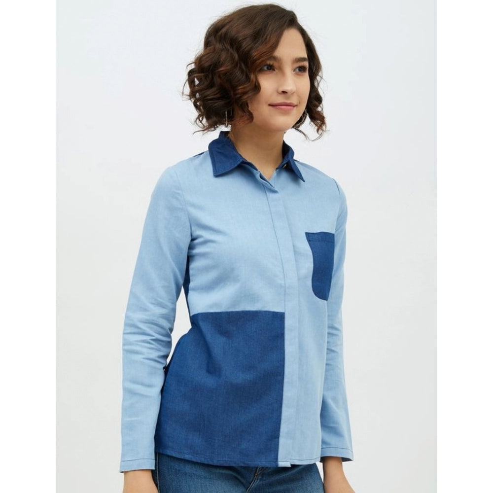 Women Denim Patch Work Long Sleeves Standard Length Shirt (Blue)