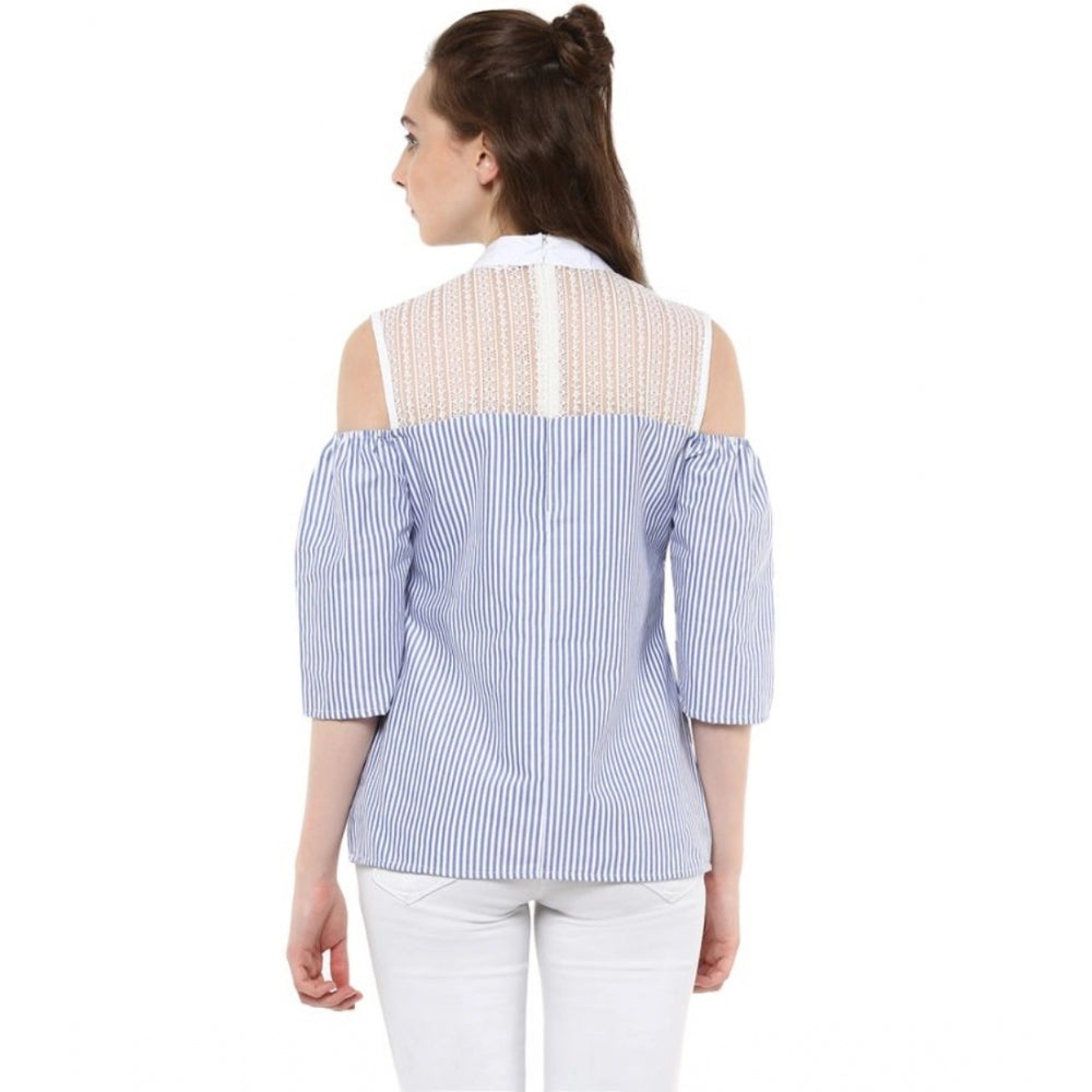 Women Cotton Striped Cold Shoulder Top (Blue)