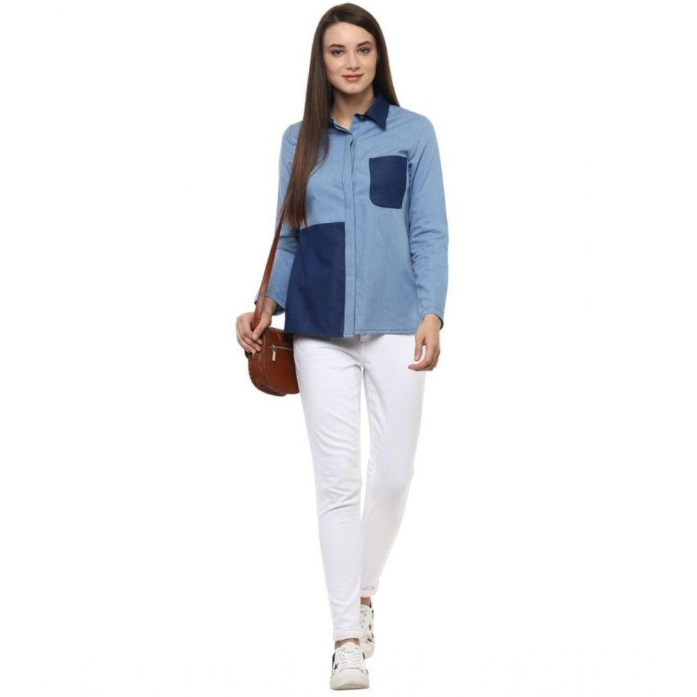 Women Denim Patch Work Long Sleeves Regular Top (Blue)