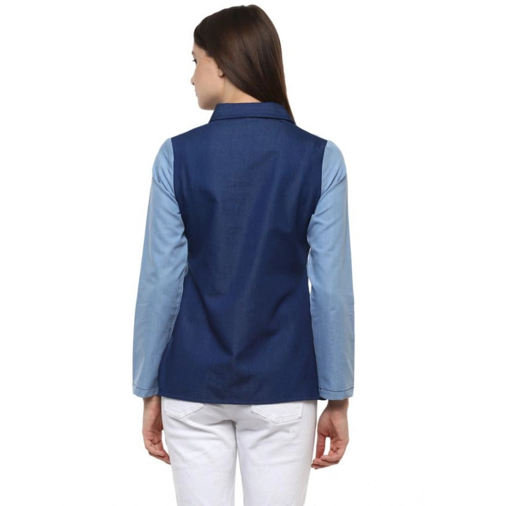 Women Denim Patch Work Long Sleeves Regular Top (Blue)