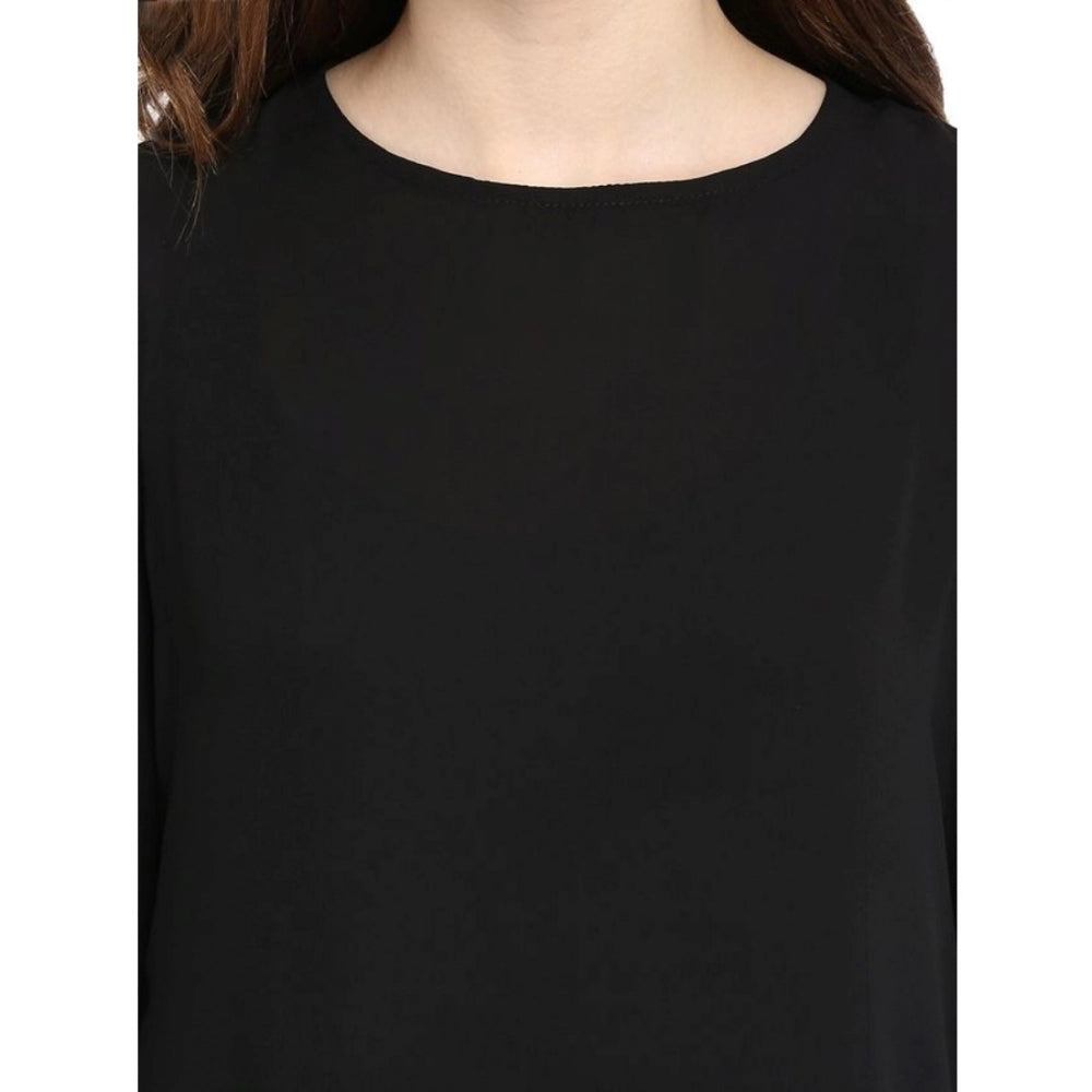 Women Polyester Georgette Self Design Bell Sleeve Regular Top (Black)