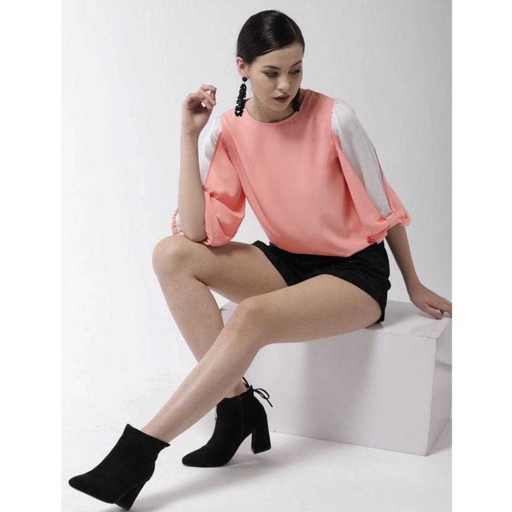 Women Polyester Colour Block Slit Sleeve Top (Pink)