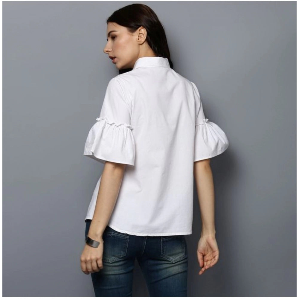 Women Cotton Solid Bell Sleeve Top (White)
