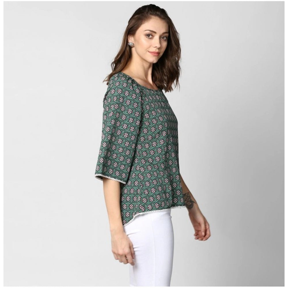 Women Polyester Printed 3-4th Sleeves Top (Green)