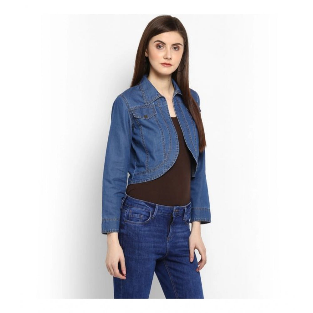 Women Denim Solid 3-4th Sleeves Shrug (Blue)
