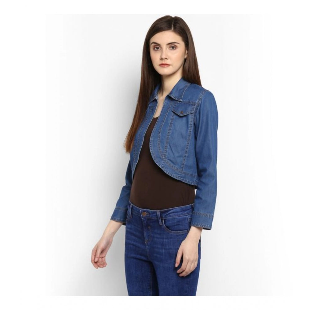 Women Denim Solid 3-4th Sleeves Shrug (Blue)