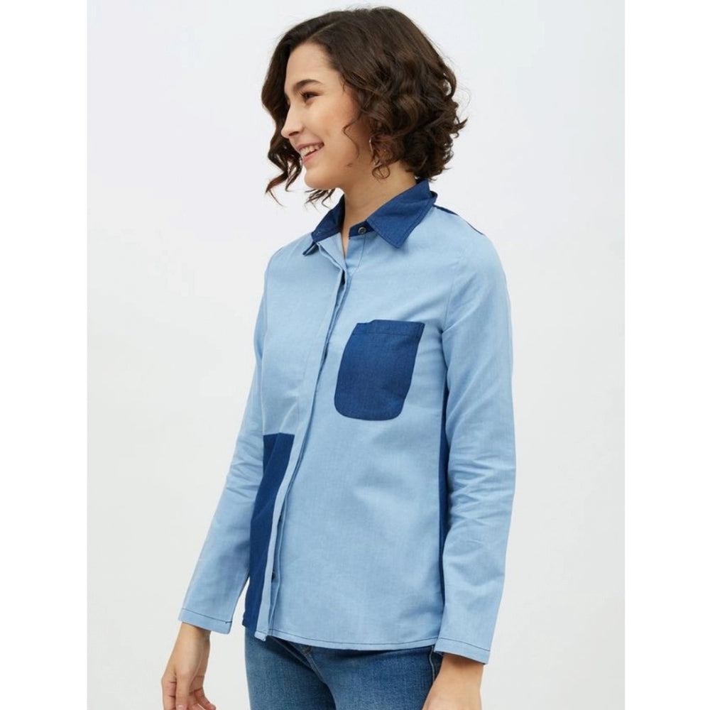 Women Denim Patch Work Long Sleeves Standard Length Shirt (Blue)