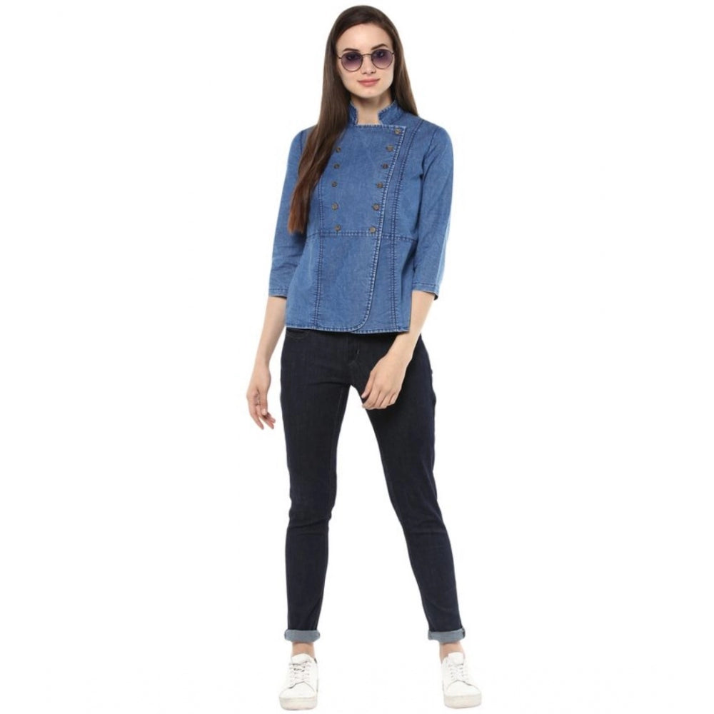 Women Denim Solid 3-4th Sleeves Regular Top (Blue)