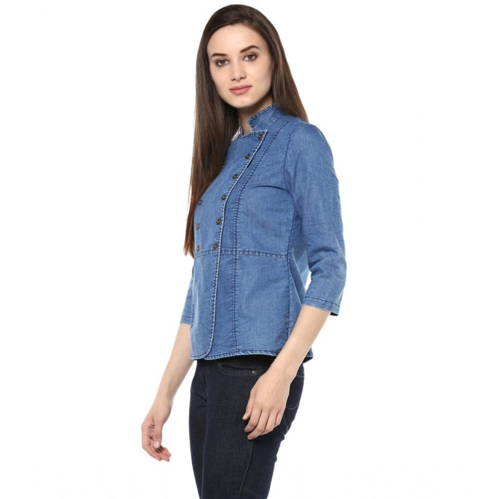 Women Denim Solid 3-4th Sleeves Regular Top (Blue)