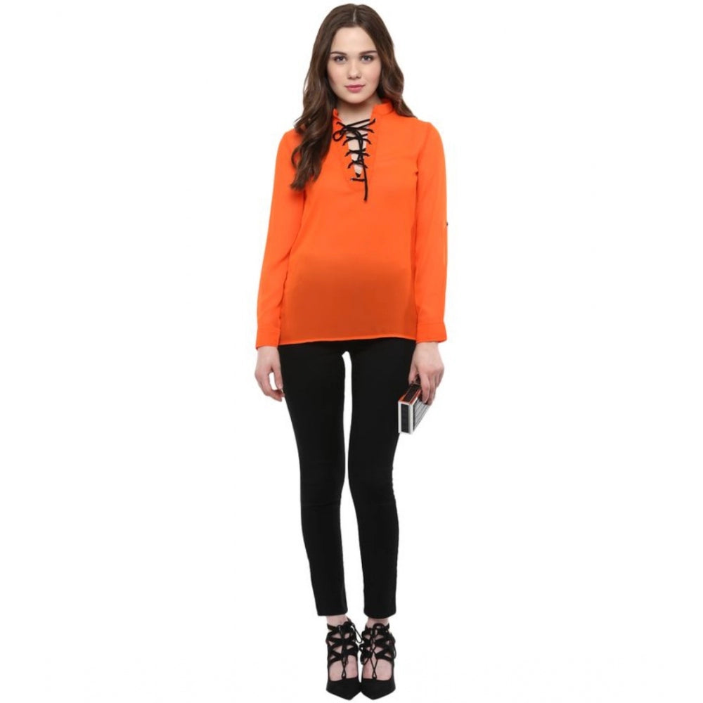 Women Polyester Solid Long Sleeves Regular Top (Orange)