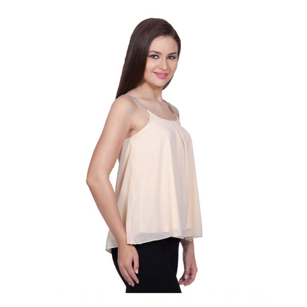 Women Polyester Solid Shoulder Straps Regular Top (Beige)
