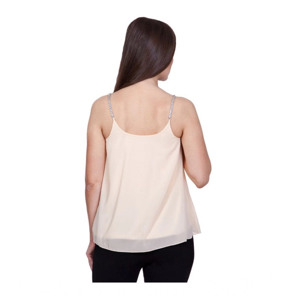 Women Polyester Solid Shoulder Straps Regular Top (Beige)