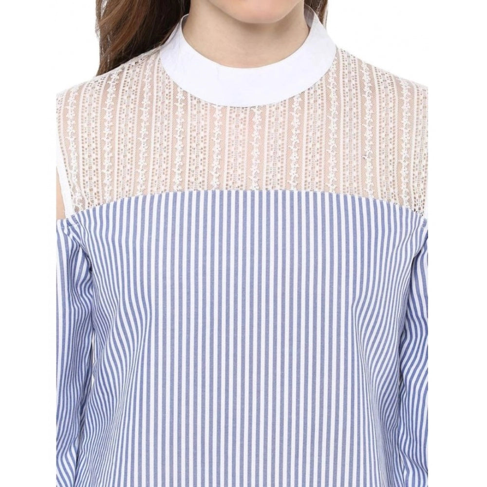 Women Cotton Striped Cold Shoulder Top (Blue)