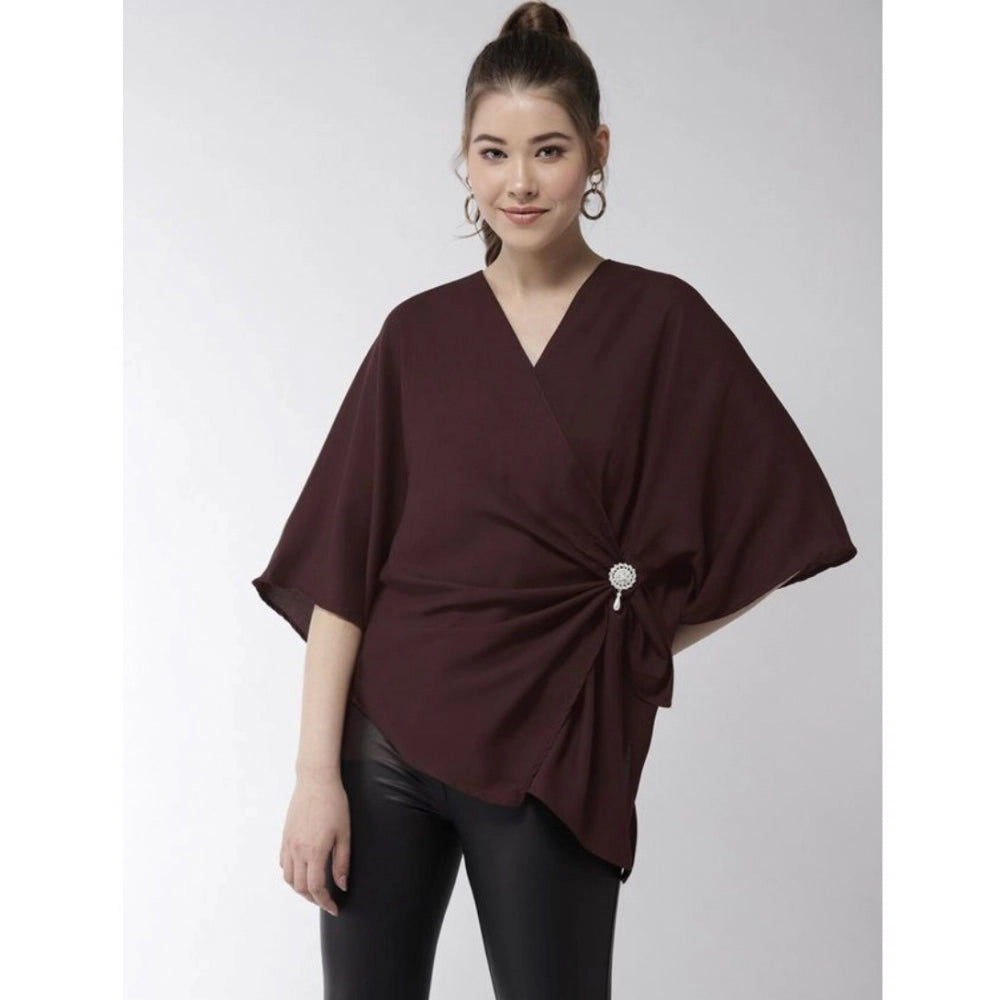 Women Polyester Solid Cape Sleeve Top (Maroon)