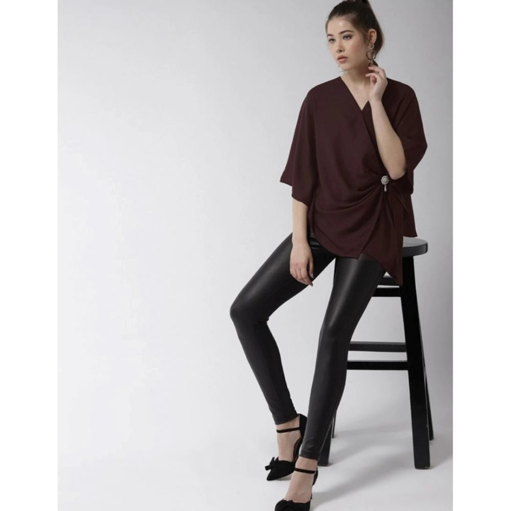Women Polyester Solid Cape Sleeve Top (Maroon)