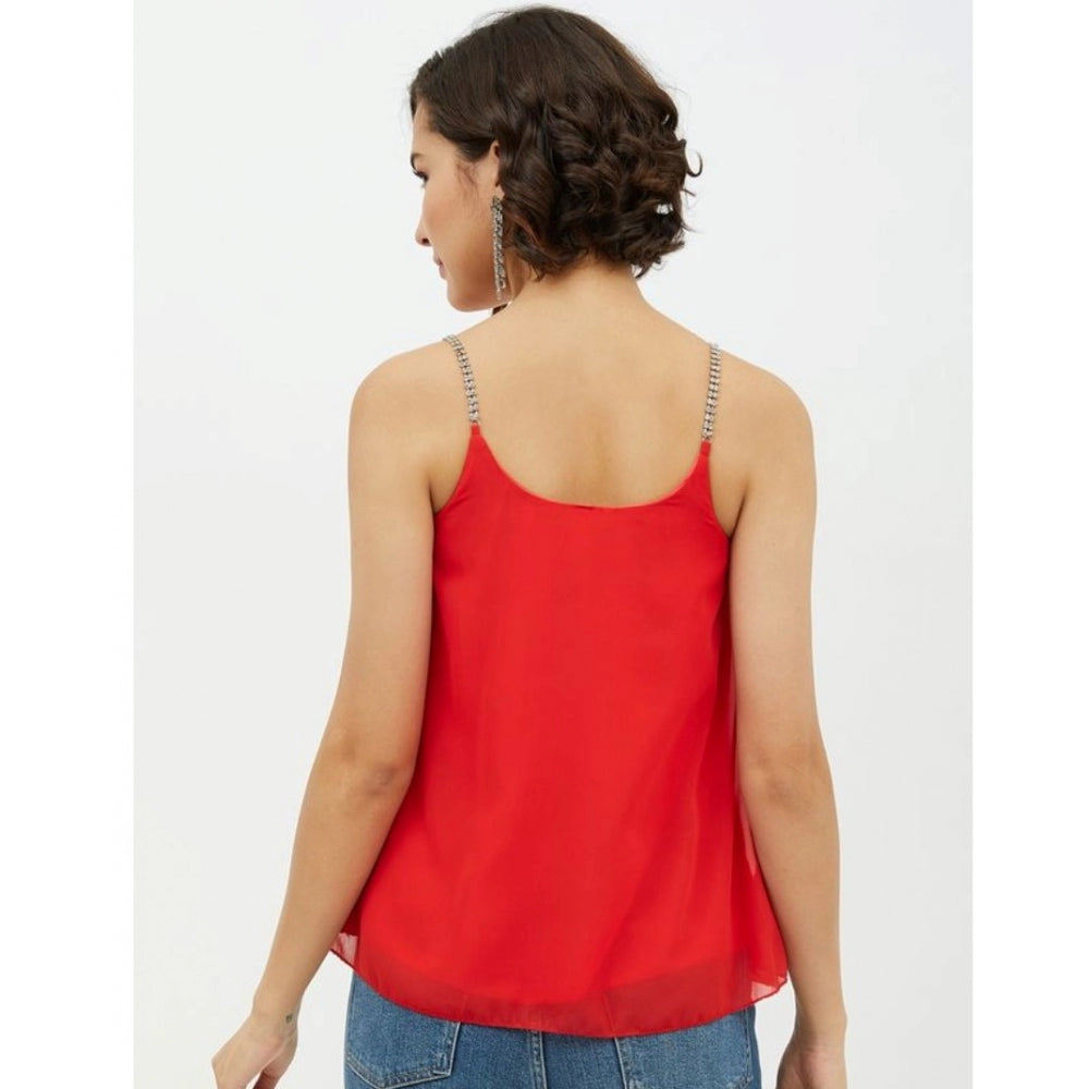 Women Polyester Embellished Shoulder Straps Top (Red)