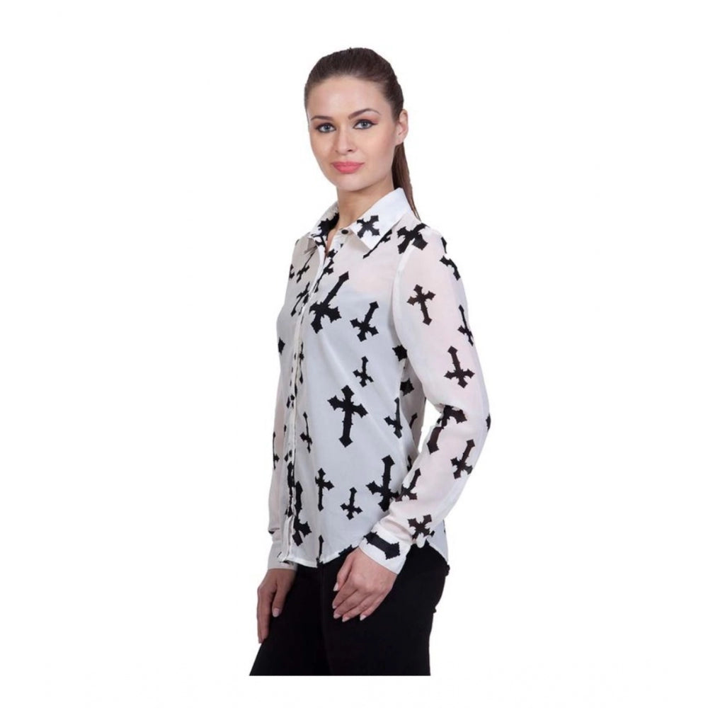 Women Polyester Printed Long Sleeves Standard Length Shirt (White)