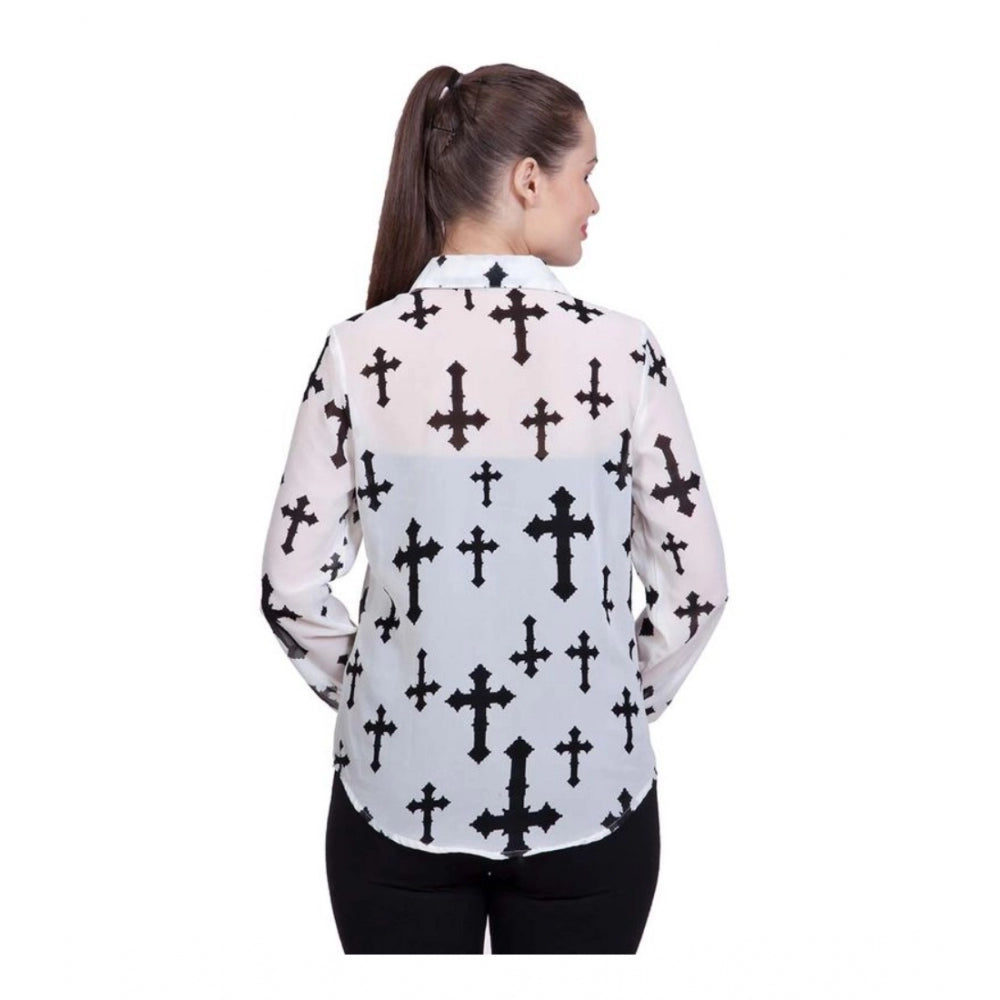 Women Polyester Printed Long Sleeves Standard Length Shirt (White)