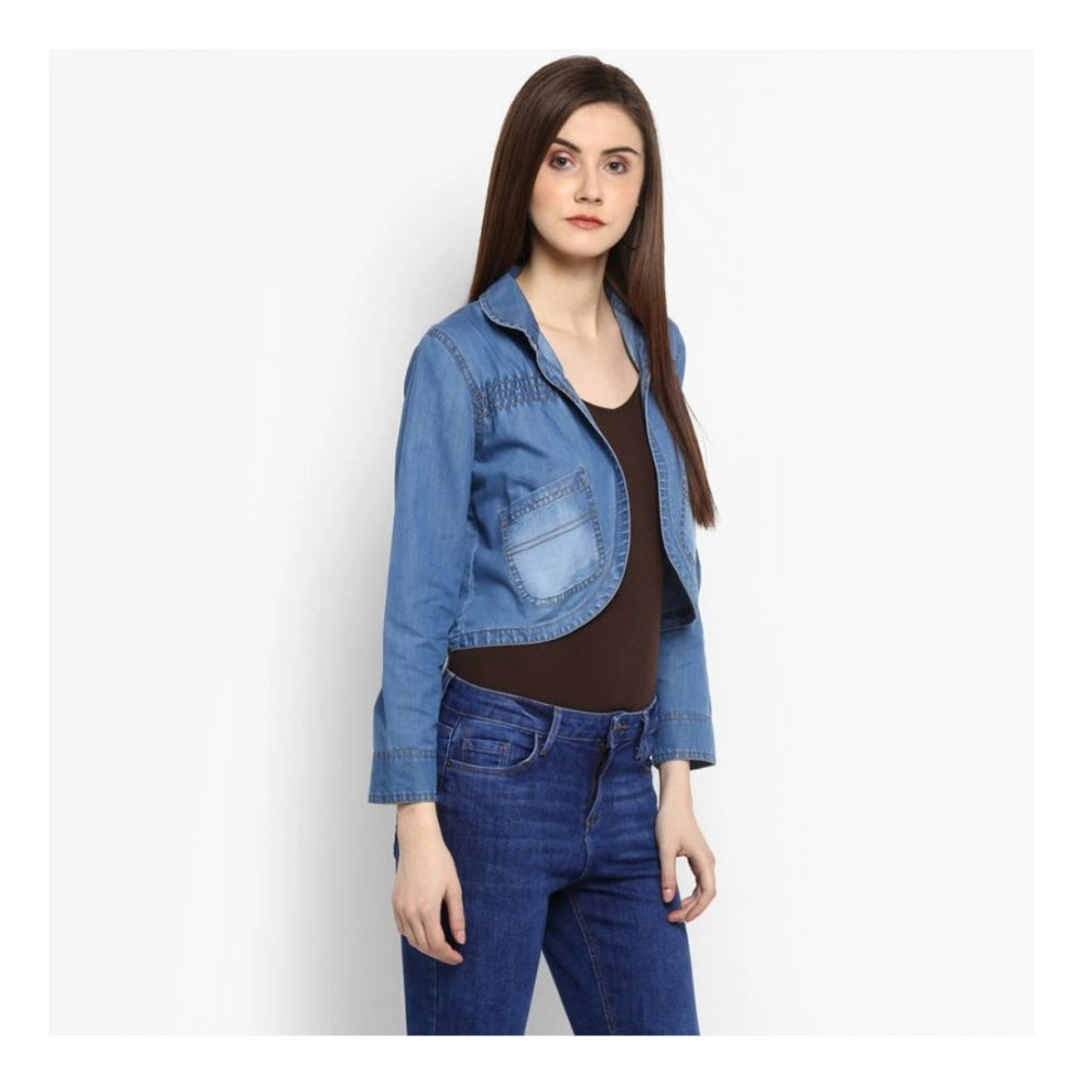 Women Denim Smocking 3-4th Sleeves Shrug (Blue)