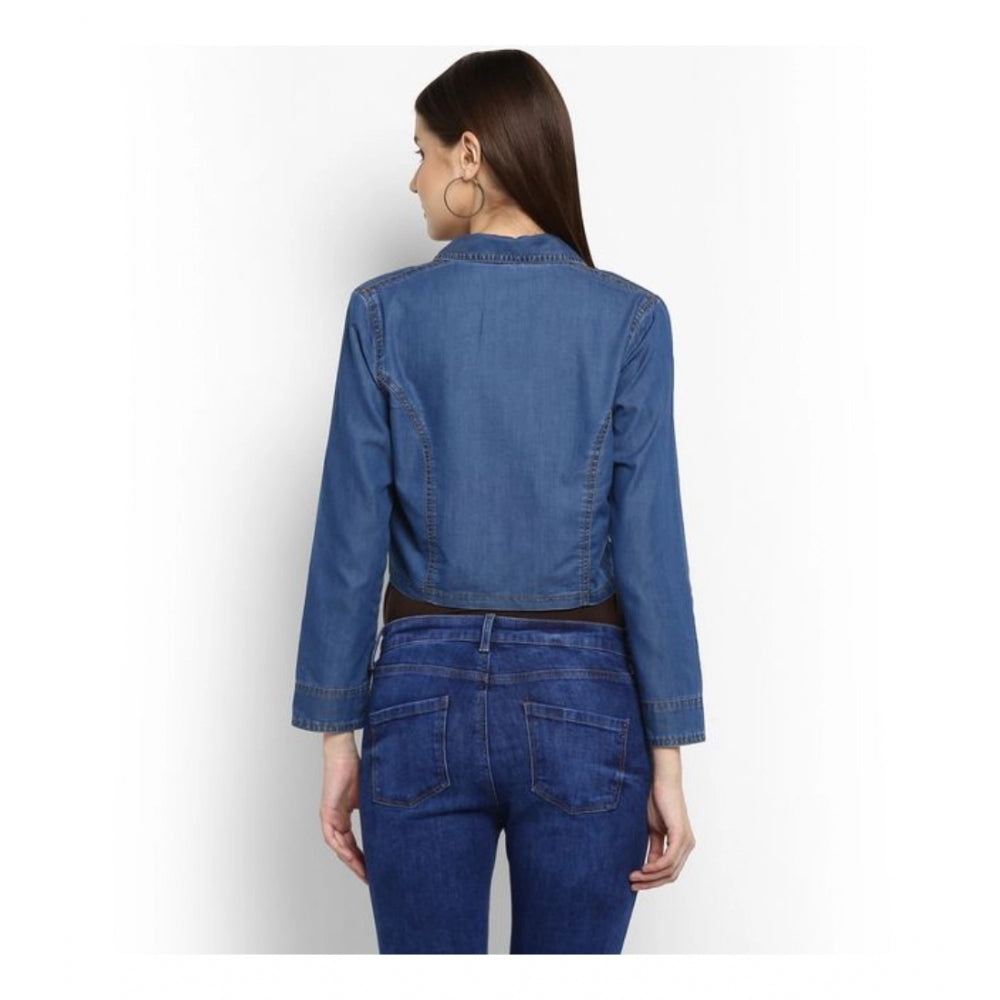 Women Denim Solid 3-4th Sleeves Shrug (Blue)