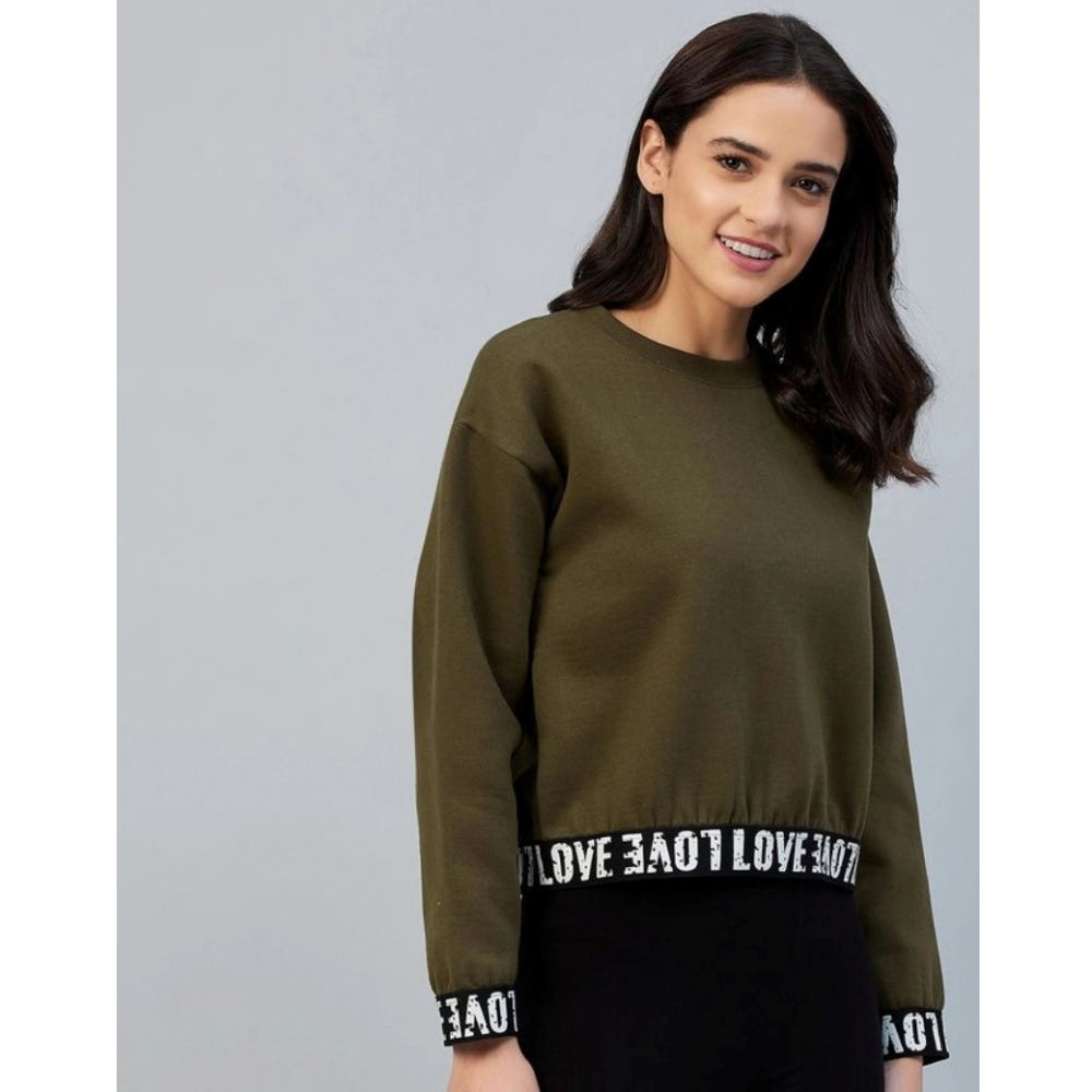 Women Fleece Solid Long Sleeves Sweatshirt (Olive)