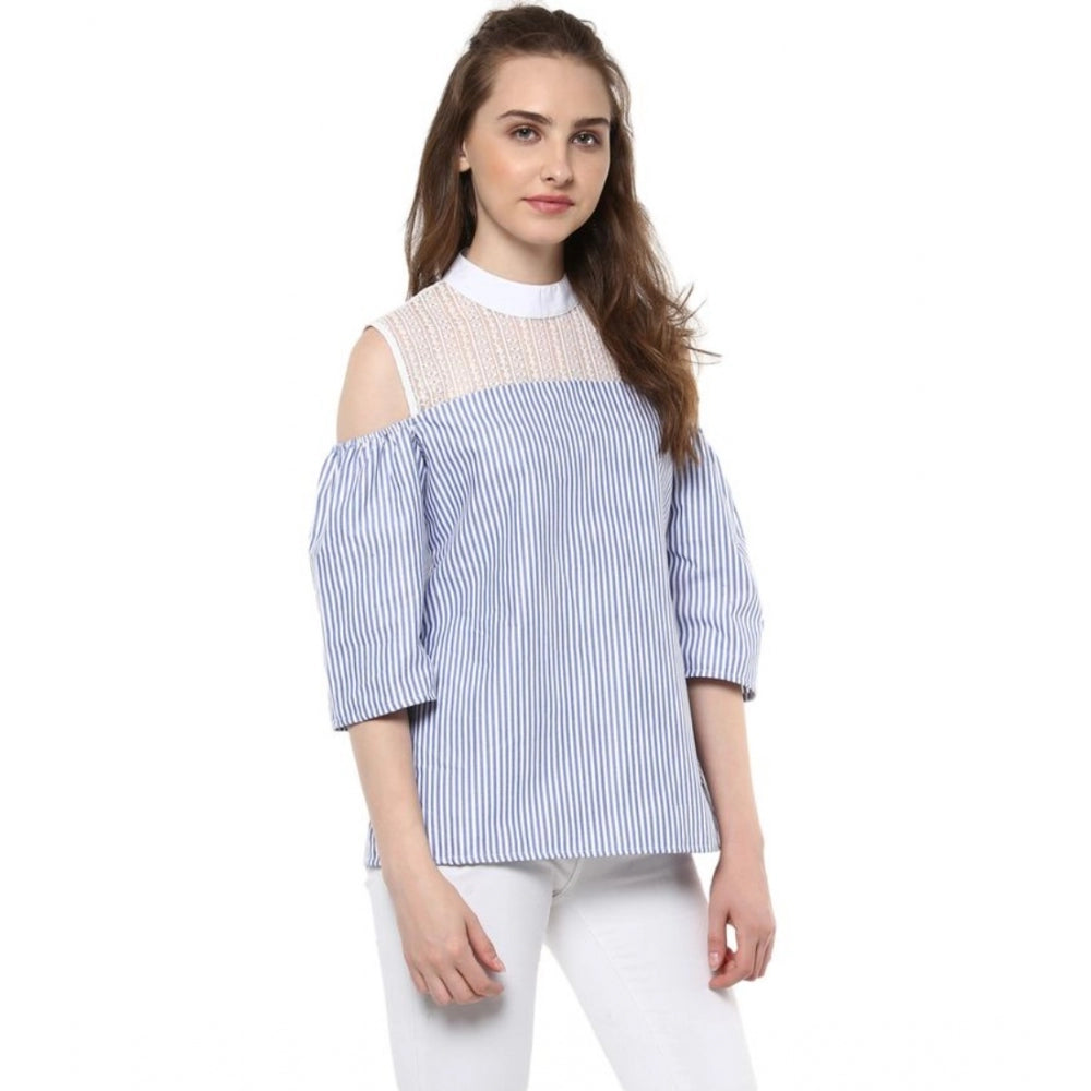 Women Cotton Striped Cold Shoulder Top (Blue)
