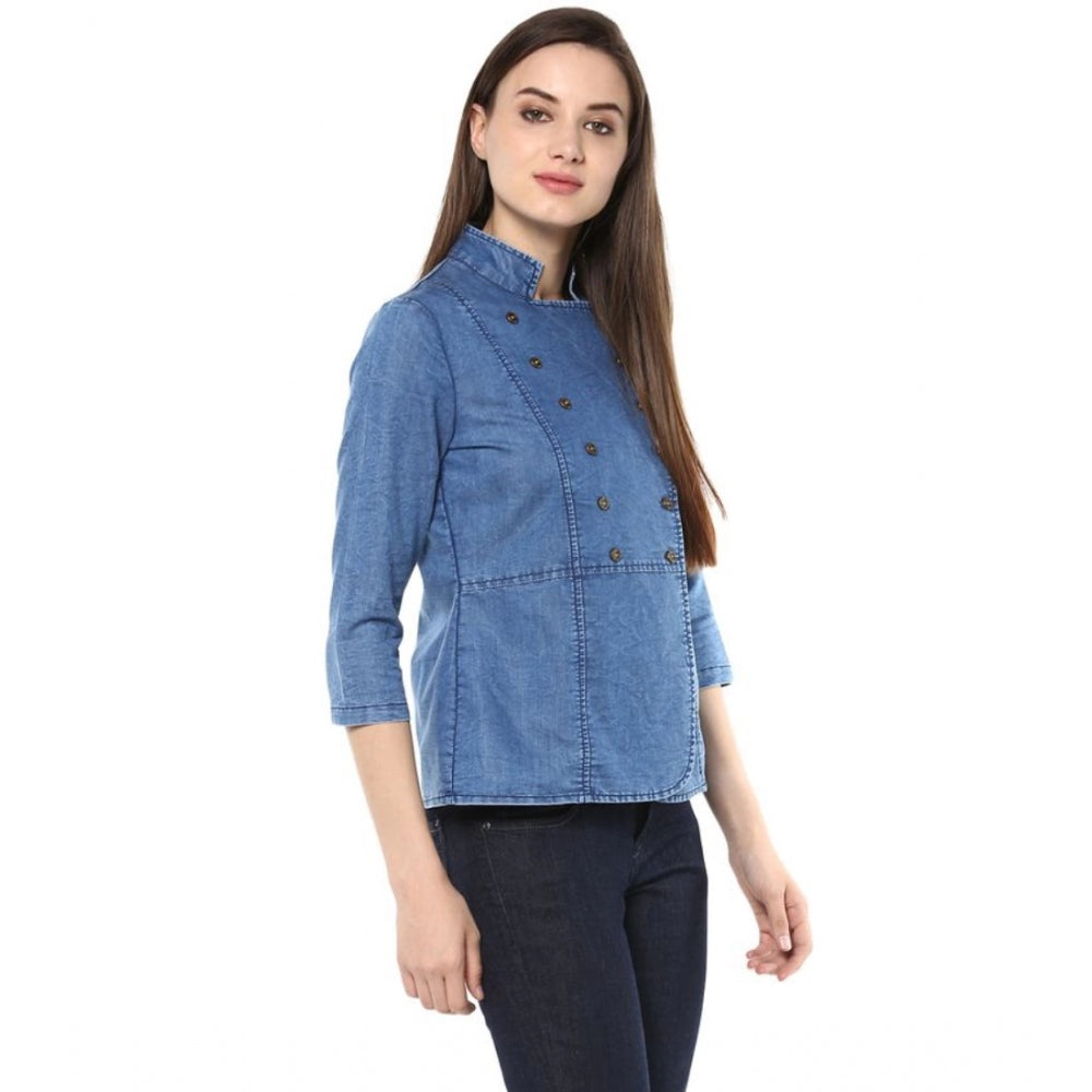 Women Denim Solid 3-4th Sleeves Regular Top (Blue)